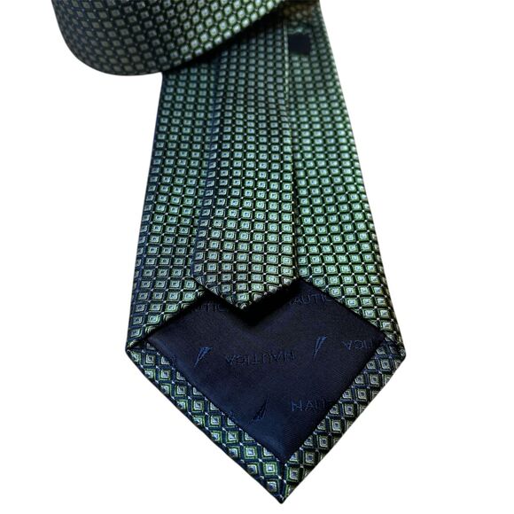 Nautica Silk Tie Green Blue Geometric Square Pattern Business Formal - Picture 2 of 6